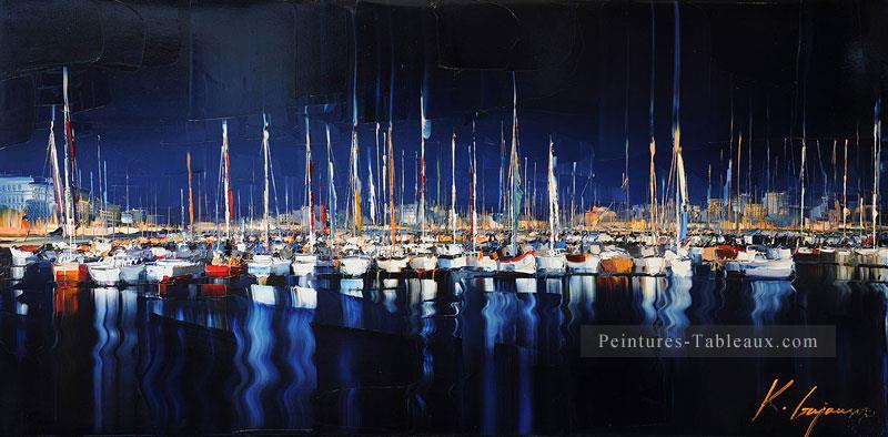 bateaux en quai bleu Kal Gajoum Peintures à l'huile
